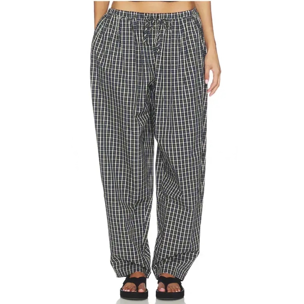 NWT XS Lioness Aura Pant Navy Lemon Plaid Wide Leg Drawstring Trousers